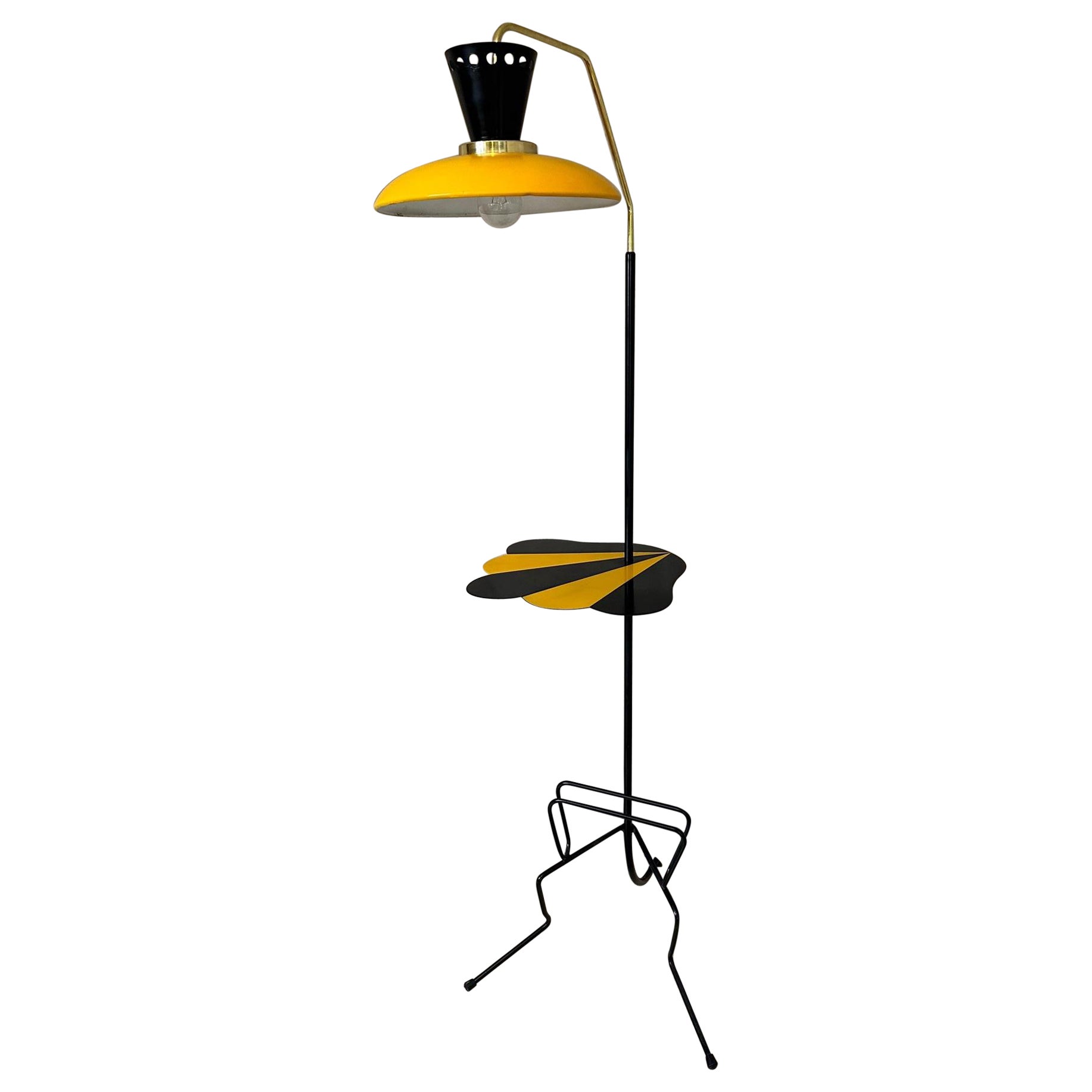 20th century French Brass, Yellow and Black Metal Floor Lamp, 1960s For Sale