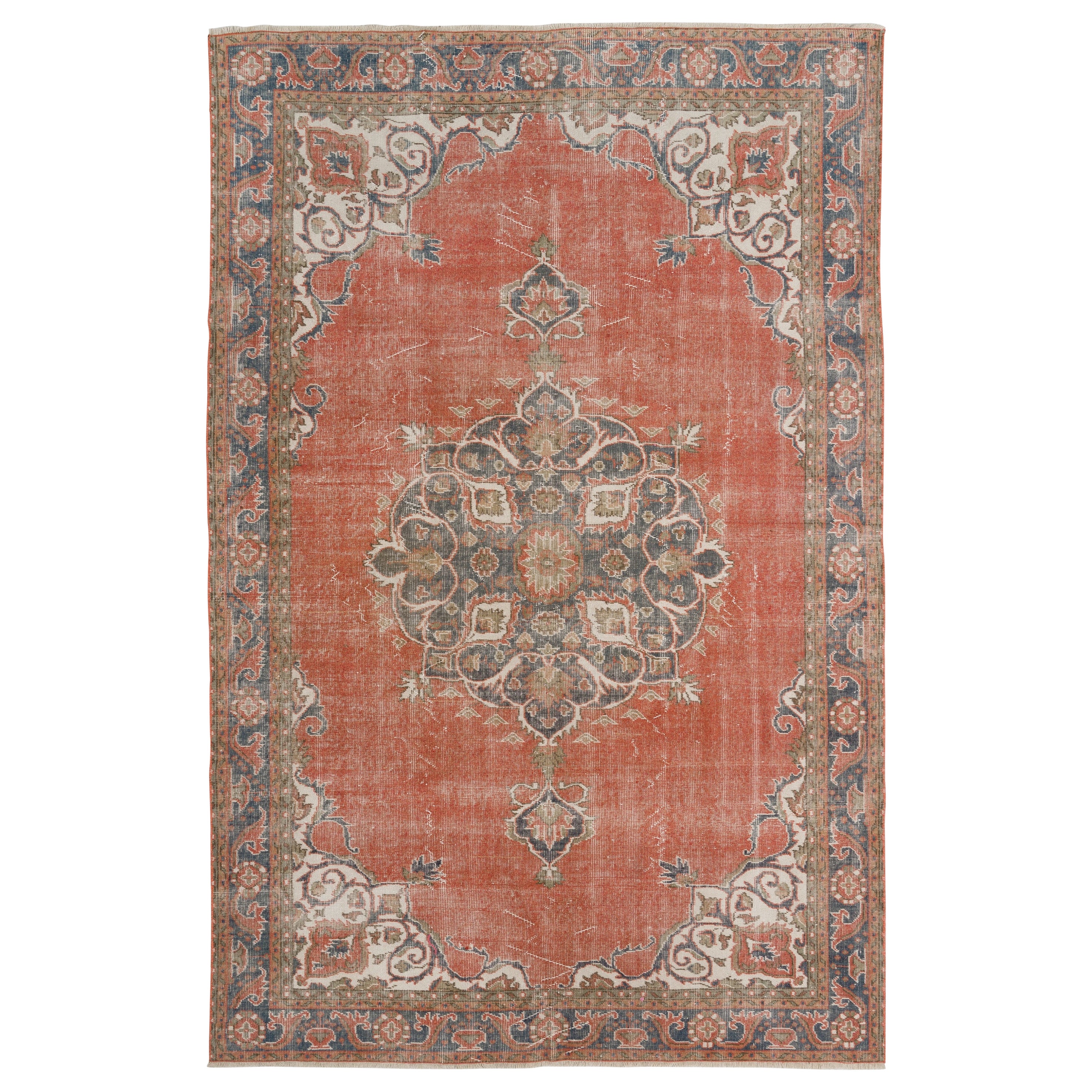 6.7x10.2 Ft Vintage Hand-Knotted Turkish Oushak Rug with Floral Medallion Design