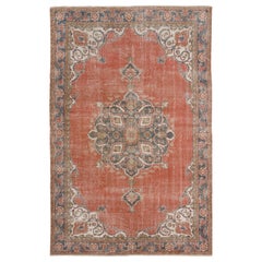 6.7x10.2 Ft Vintage Hand-Knotted Turkish Oushak Rug with Floral Medallion Design