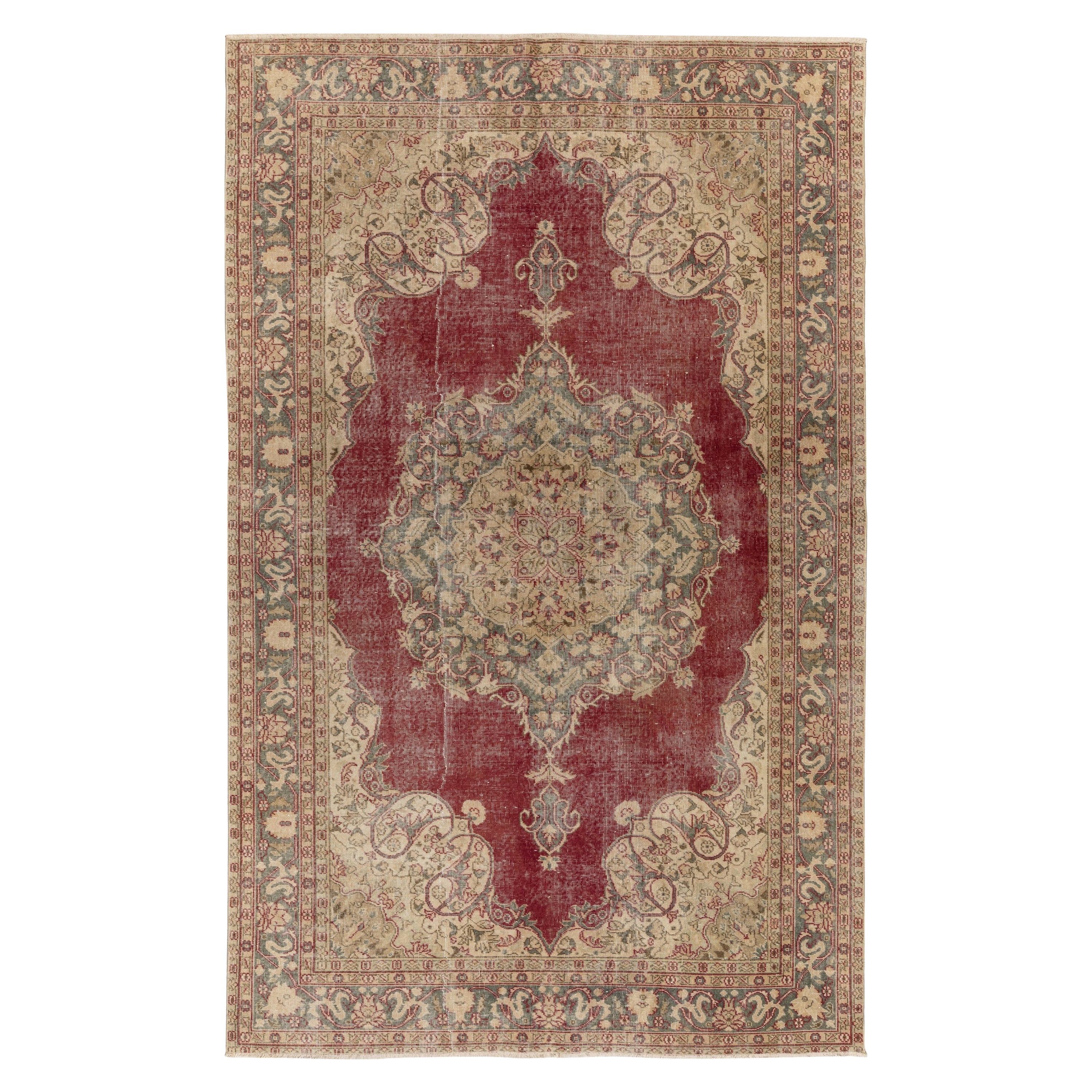 6.5x9.7 Ft Hand-Knotted Vintage Turkish Oushak Wool Area Rug in Red and Beige