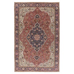 7x10.4 Ft handgefertigter türkischer Vintage-Teppich in Rot & Blau mit Wollflor