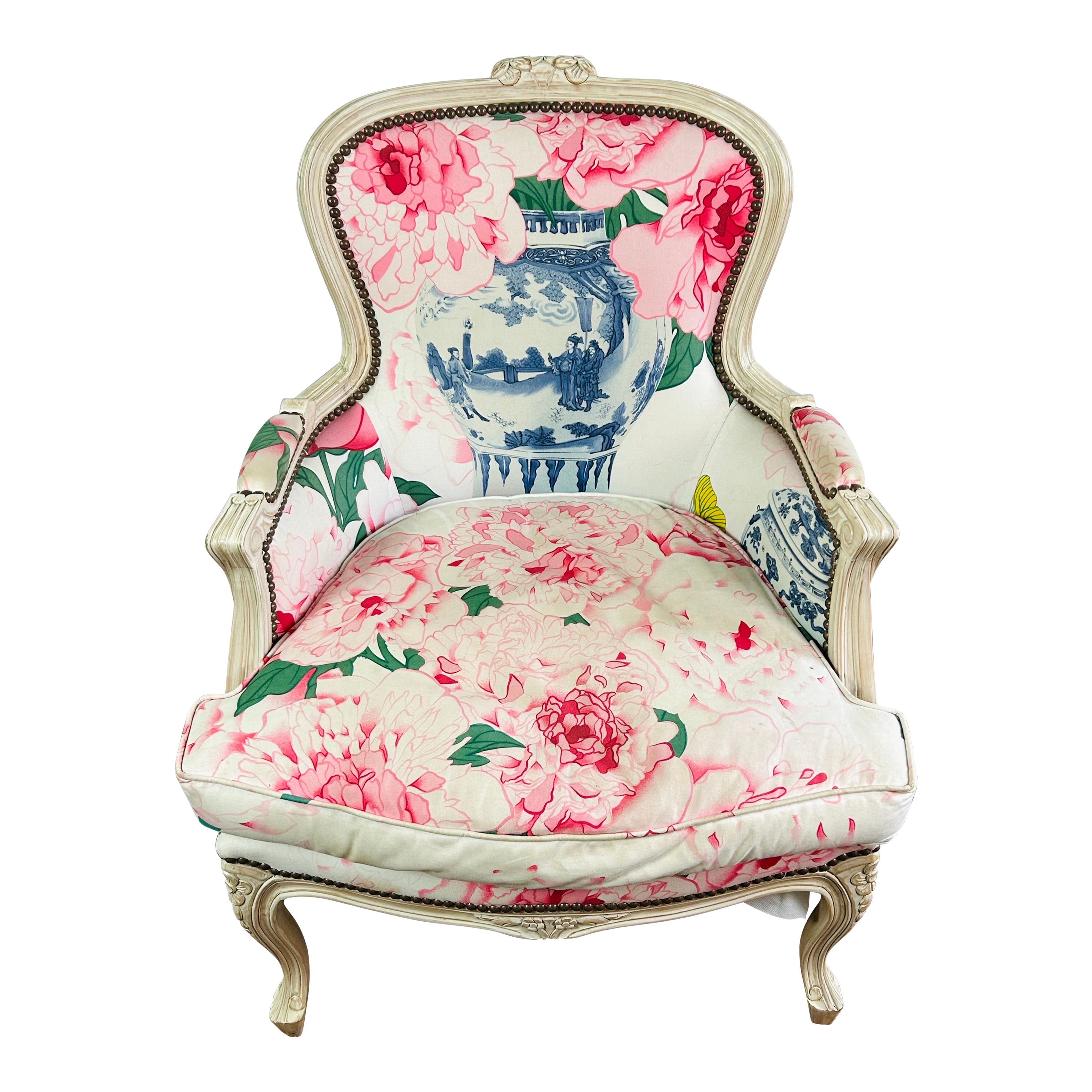 French Bergere cabriolet armchair pink white and blue Louis XV style - France For Sale