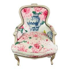 Antique French Bergere cabriolet armchair pink white and blue Louis XV style - France