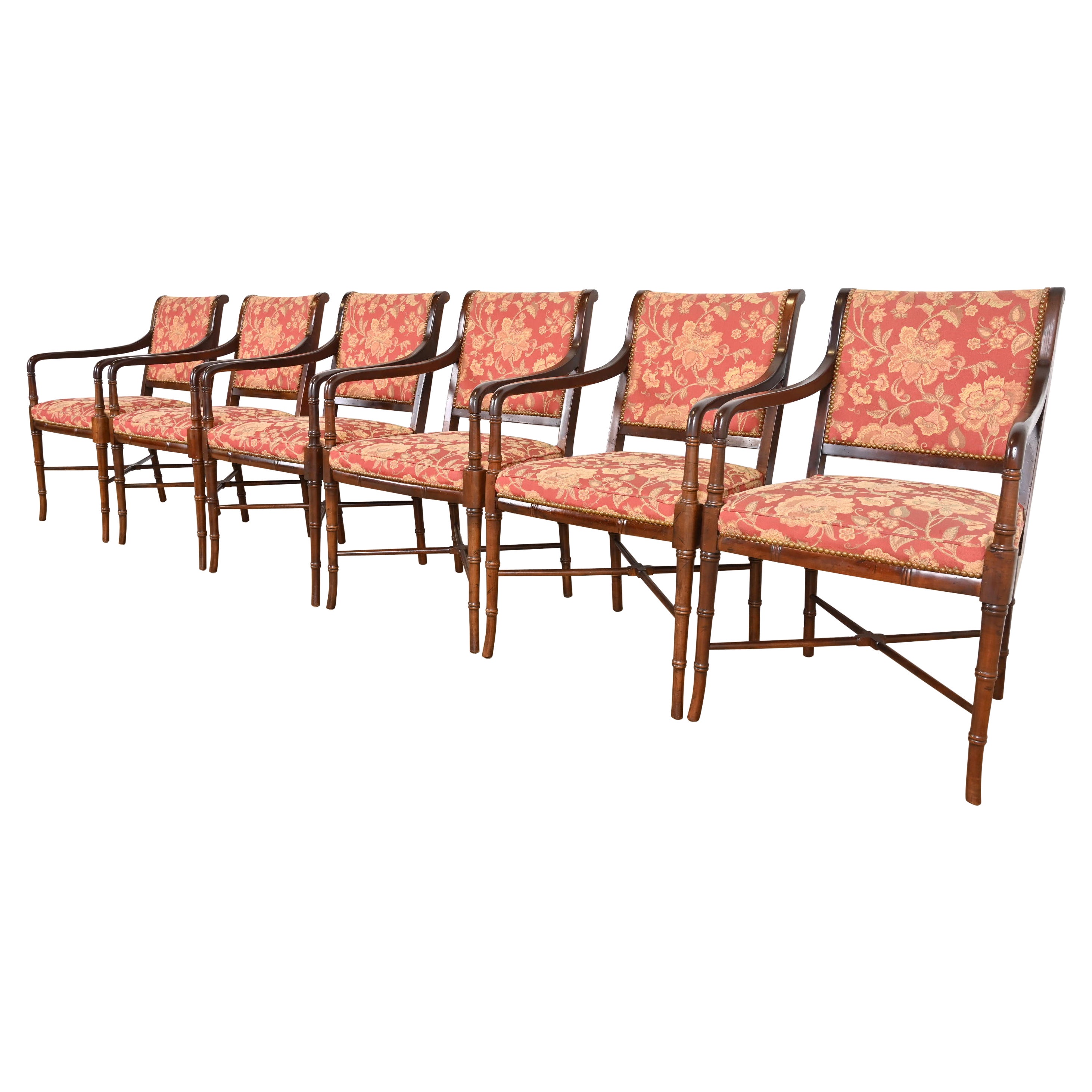 Baker Furniture Style Regency Carved Walnut Faux Bamboo Dining Armchairs, Six