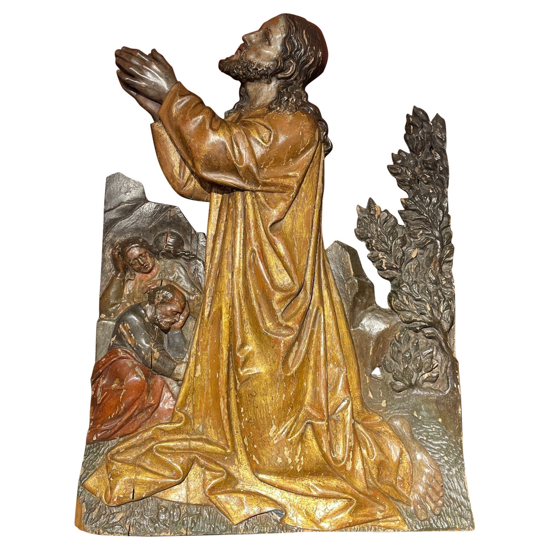 Important Polychrome Low-Relief Depicting Christ in the Mount of Olives For Sale