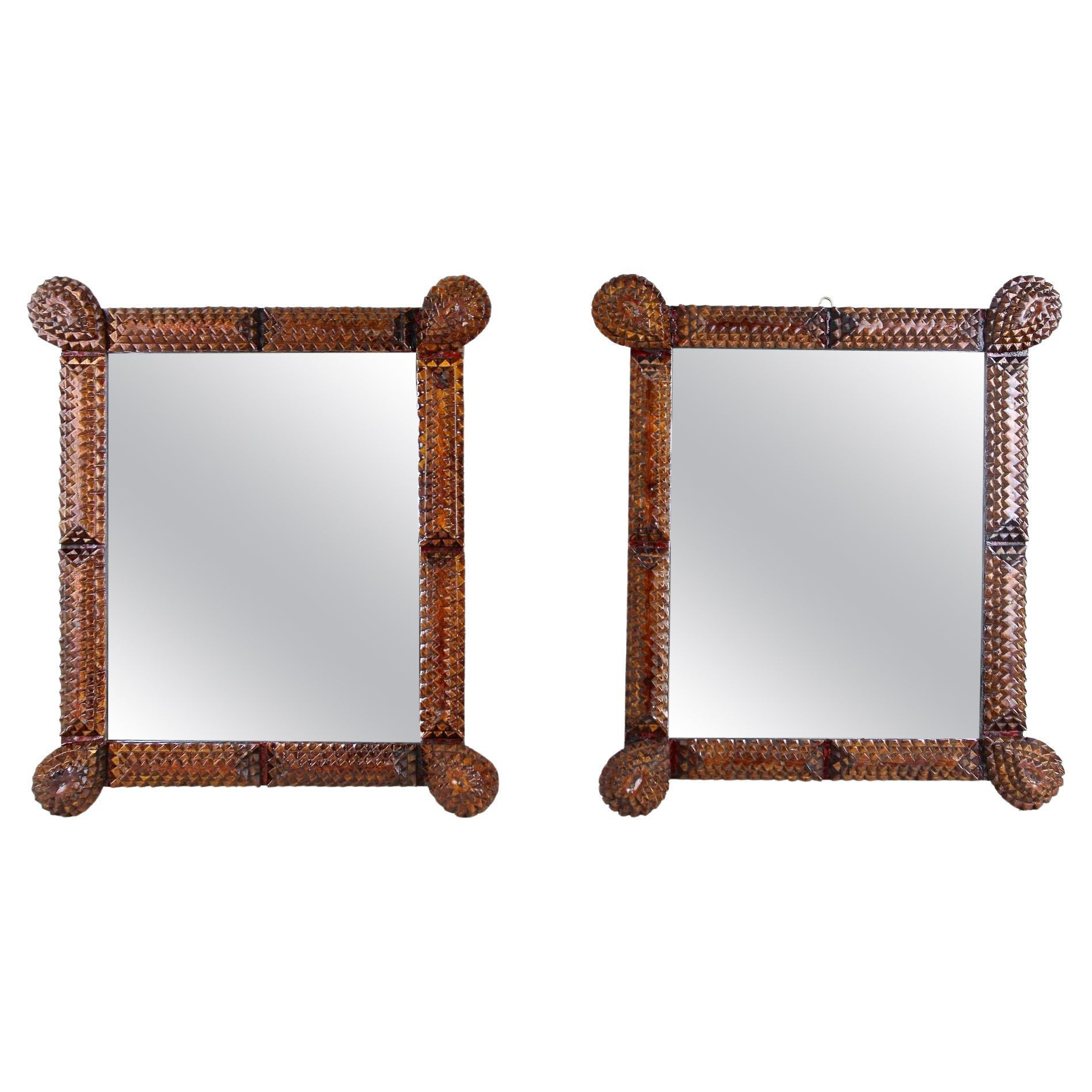 Pair of Small Tramp Art Wall Mirrors, Handcarved, Austria ca. 1870