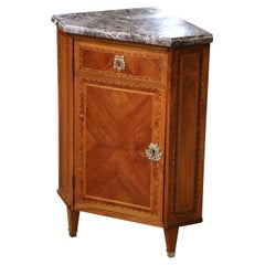 19th Century French Louis XVI Marble Top Marquetry Walnut Corner Cabinet 