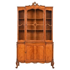 Romweber French Provincial Louis XV Burl Wood Breakfront Bookcase Cabinet, 1920s