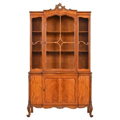 Antique Romweber French Provincial Louis XV Burl Wood Breakfront Bookcase Cabinet, 1920s