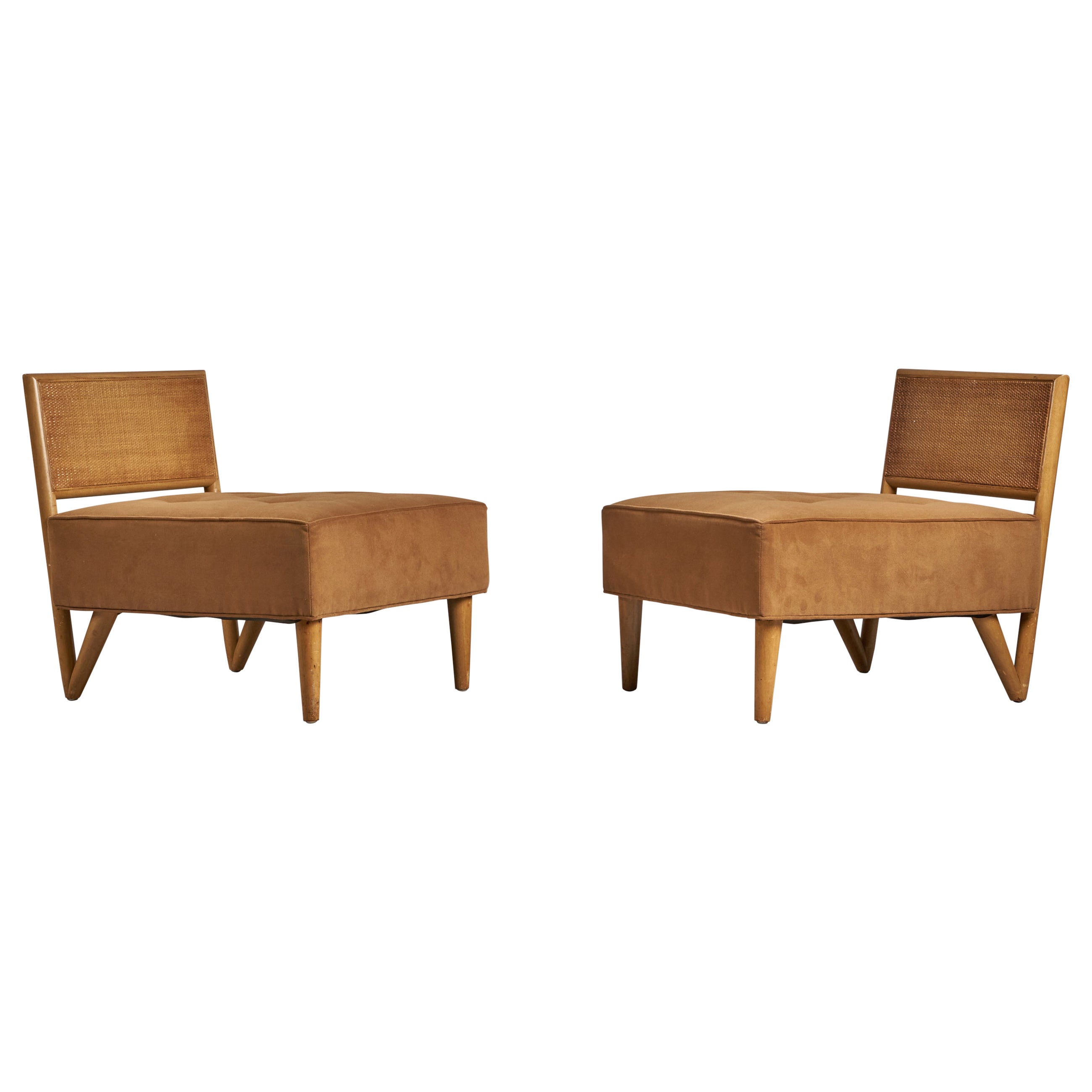 American Designer, Slipper Chairs, Wood, Rattan, Fabric, USA, 1940s For Sale