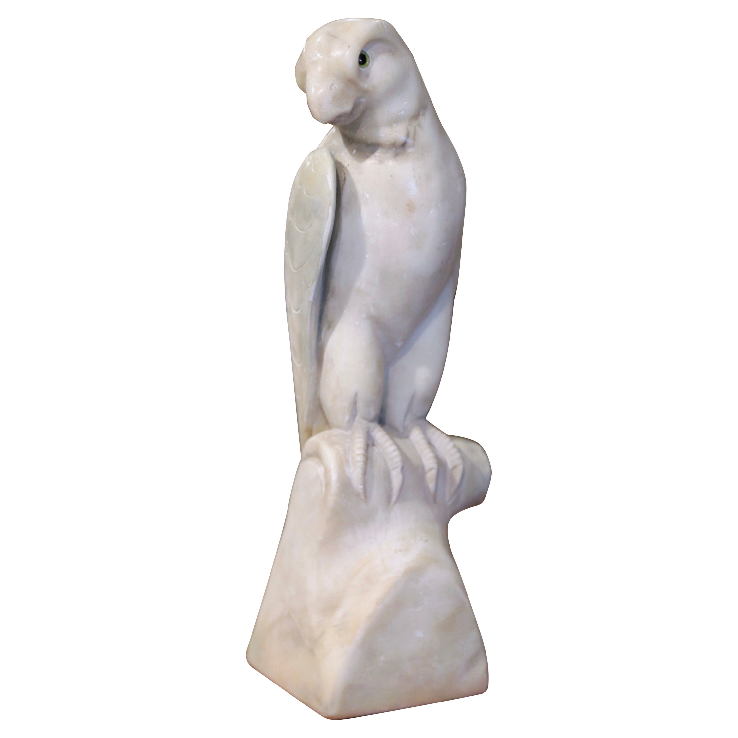 19th Century French Carved Marble Parrot Sculpture with Glass Eyes