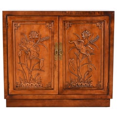 Henredon Mid-Century Hollywood Regency Chinoiserie Carved Walnut Bar Cabinet
