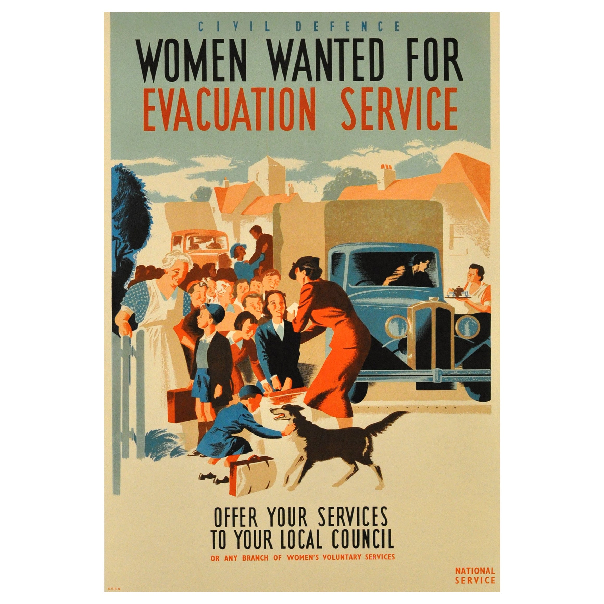 Original-Vintage-Poster „Civil Defence Women Wanted For Evacuation Service“ aus dem Zweiten Weltkrieg