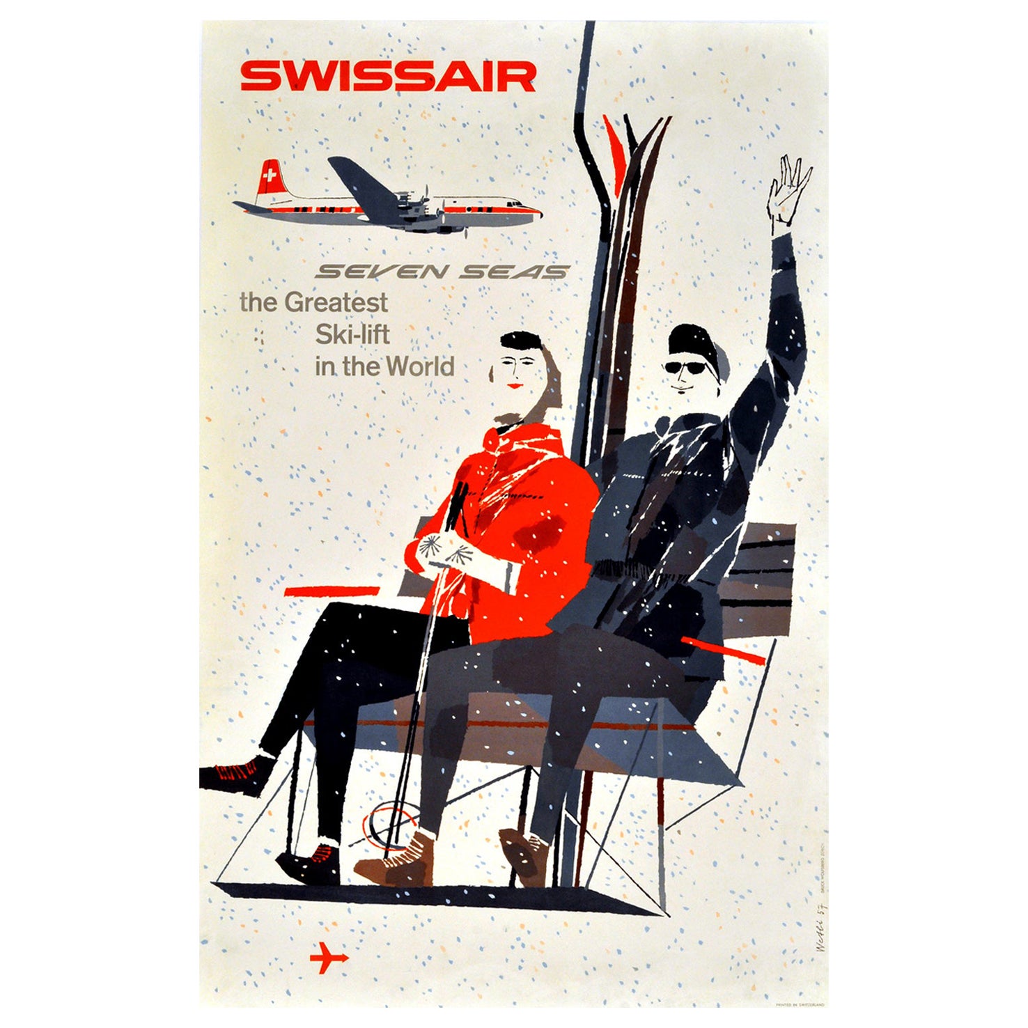 Original-Vintage-Poster Swissair, Seven Seas, „The Greatest Ski Lift In The World“, Schweizer Luftfahrt im Angebot