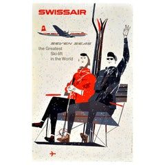 Affiche rétro originale de Swissair Seven Seas, le plus grand ascenseur de ski au monde