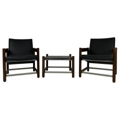 Ensemble table basse et fauteuil en bois imitation cuir Dal Vera années 60
