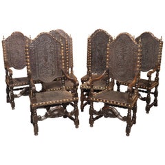 Antique Rare Set of Eight 19th Century Spanish Embossed and Studded Leather Chairs