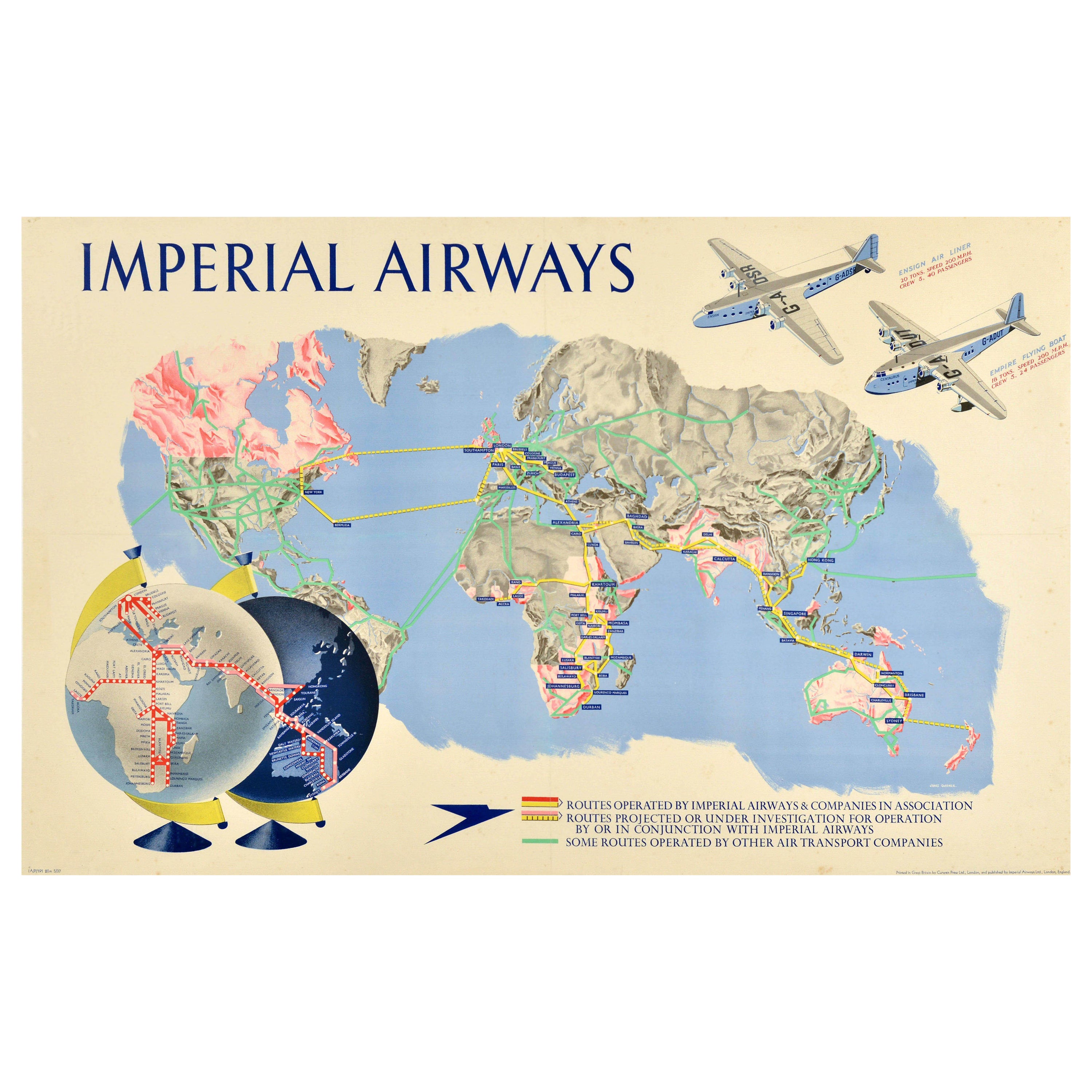 Original Vintage Travel Poster Imperial Airways Routes Ensign Empire Flying Boat