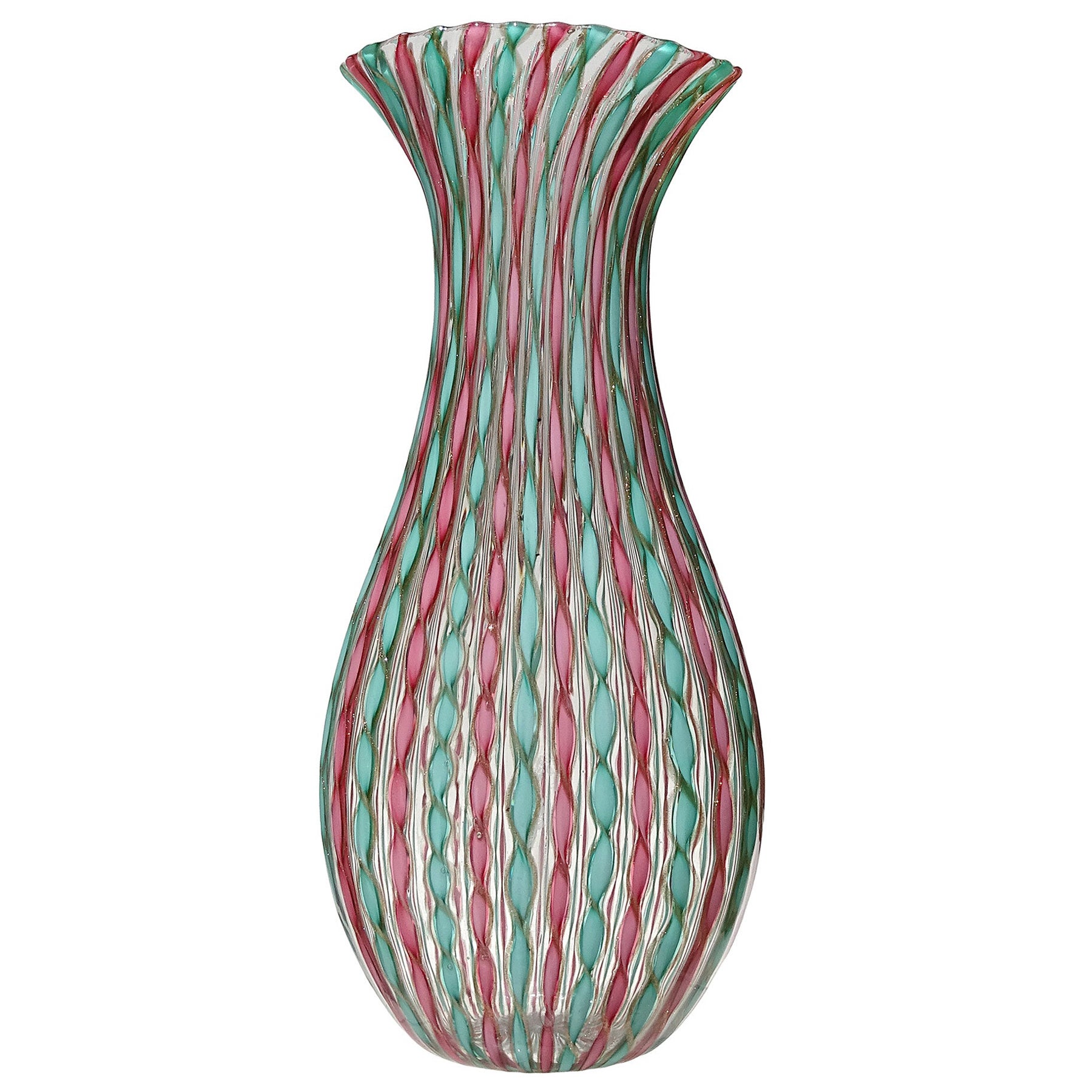 Murano Pink Green Aventurine Ribbons Italian Art Glass Mid-Century Flower Vase For Sale