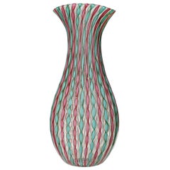 Retro Murano Pink Green Aventurine Ribbons Italian Art Glass Mid-Century Flower Vase