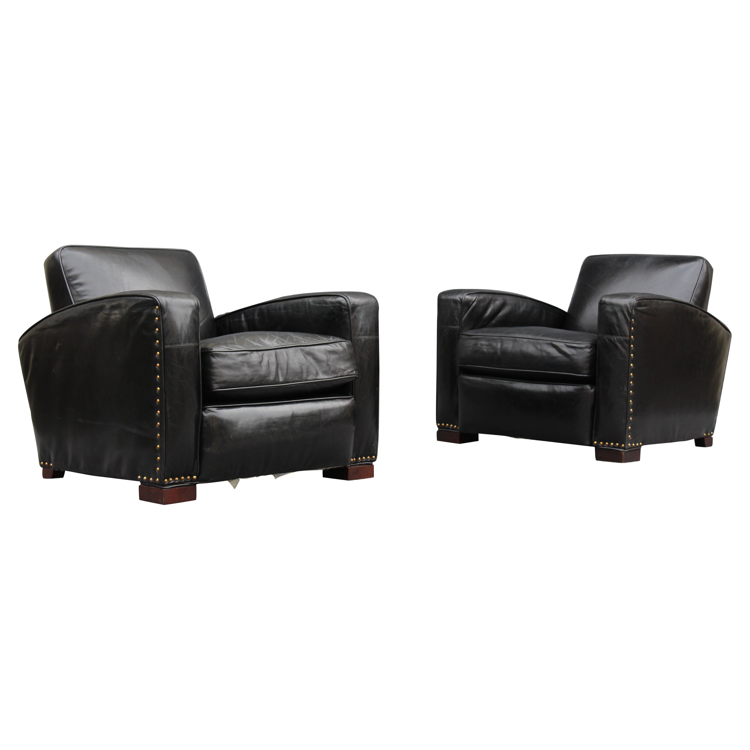 Restoration Hardware Leather Library or Lounge Chair Black Leather Brass Studs For Sale