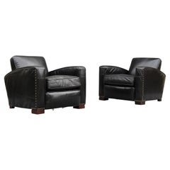 Restoration Hardware Leather Library or Lounge Chair Black Leather Brass Studs