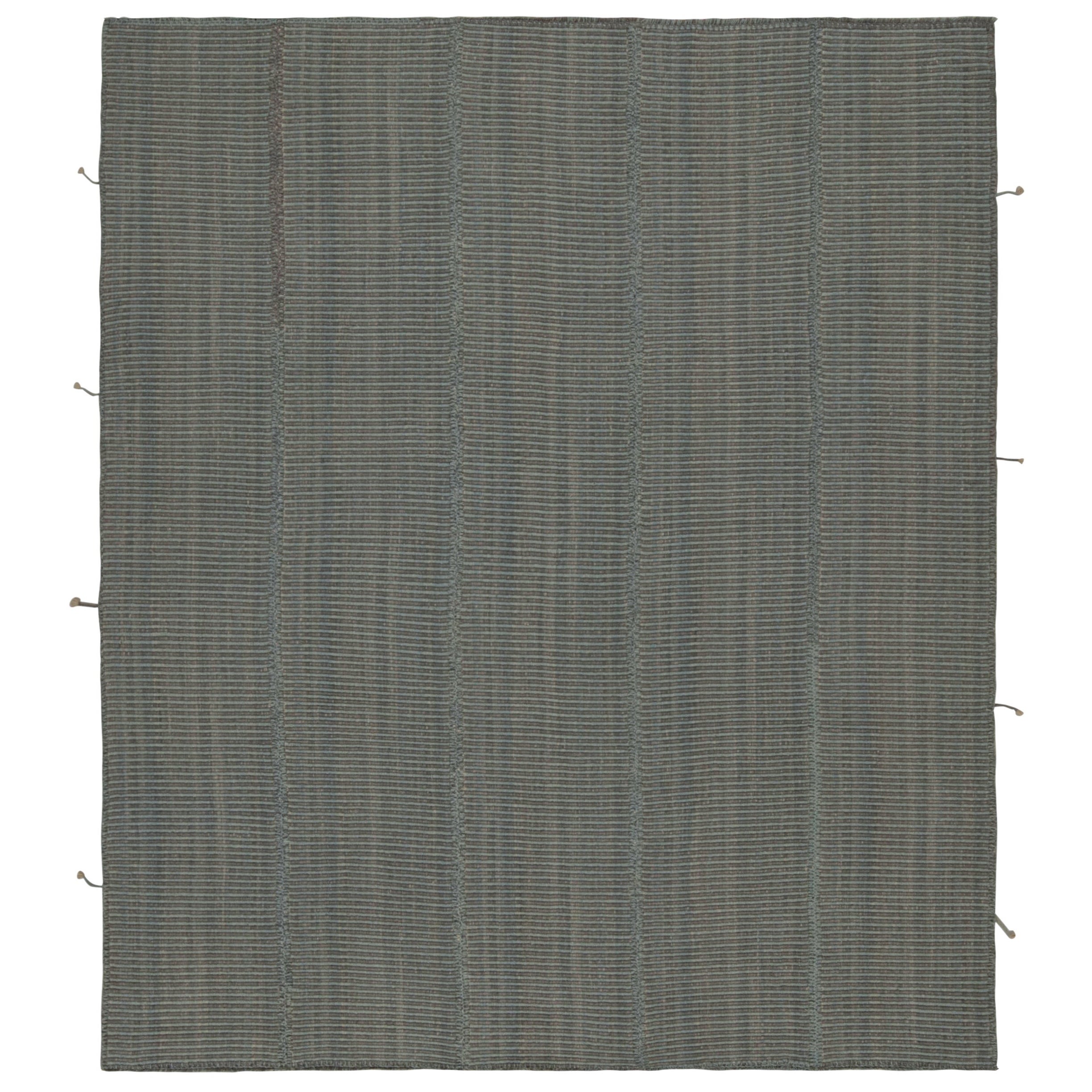 Rug & Kilim’s Modern Kilim in Gray & Blue Stripes For Sale