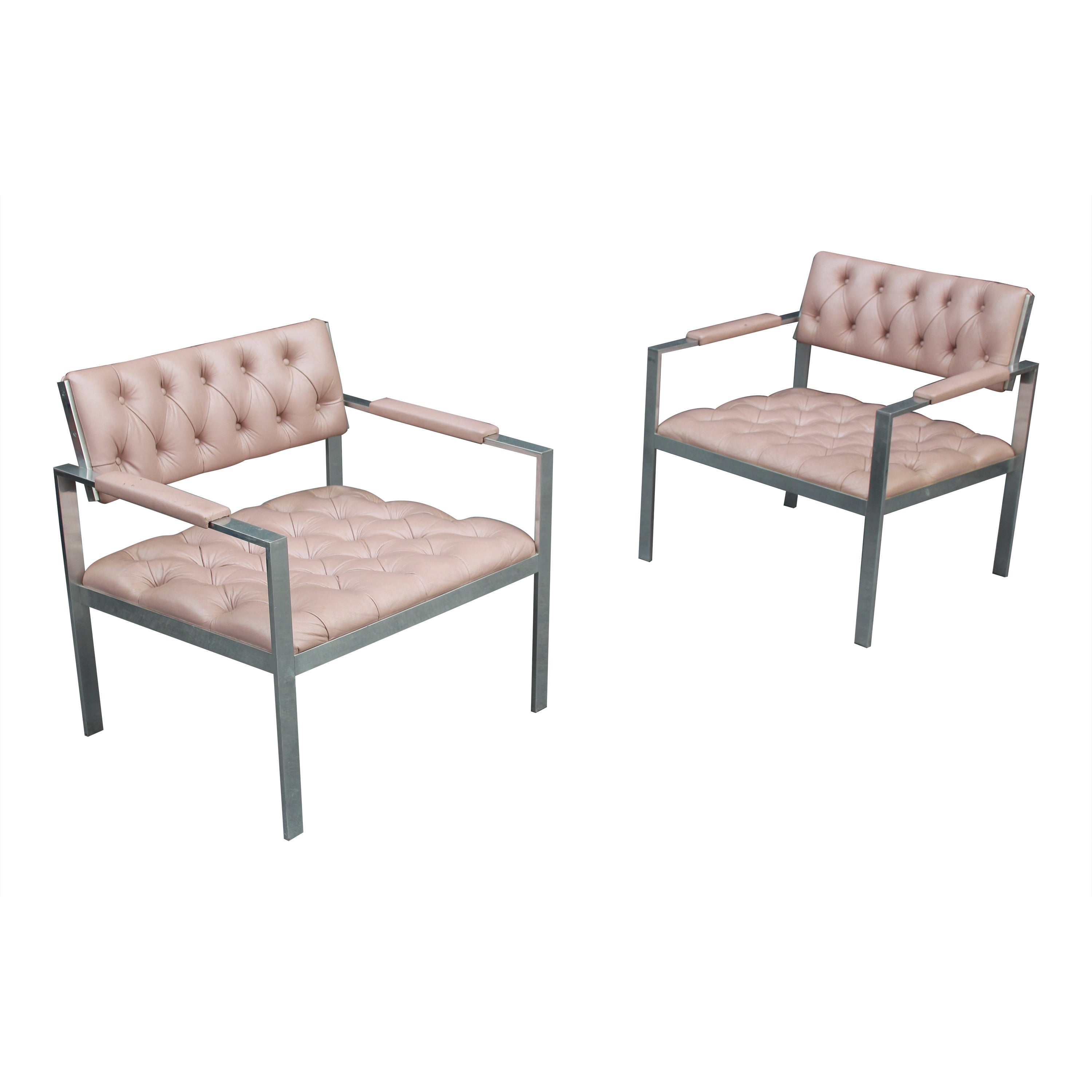 Pair of Rare Harvey Probber Polished Aluminum & Pink Leather Lounge Chairs 1970s For Sale