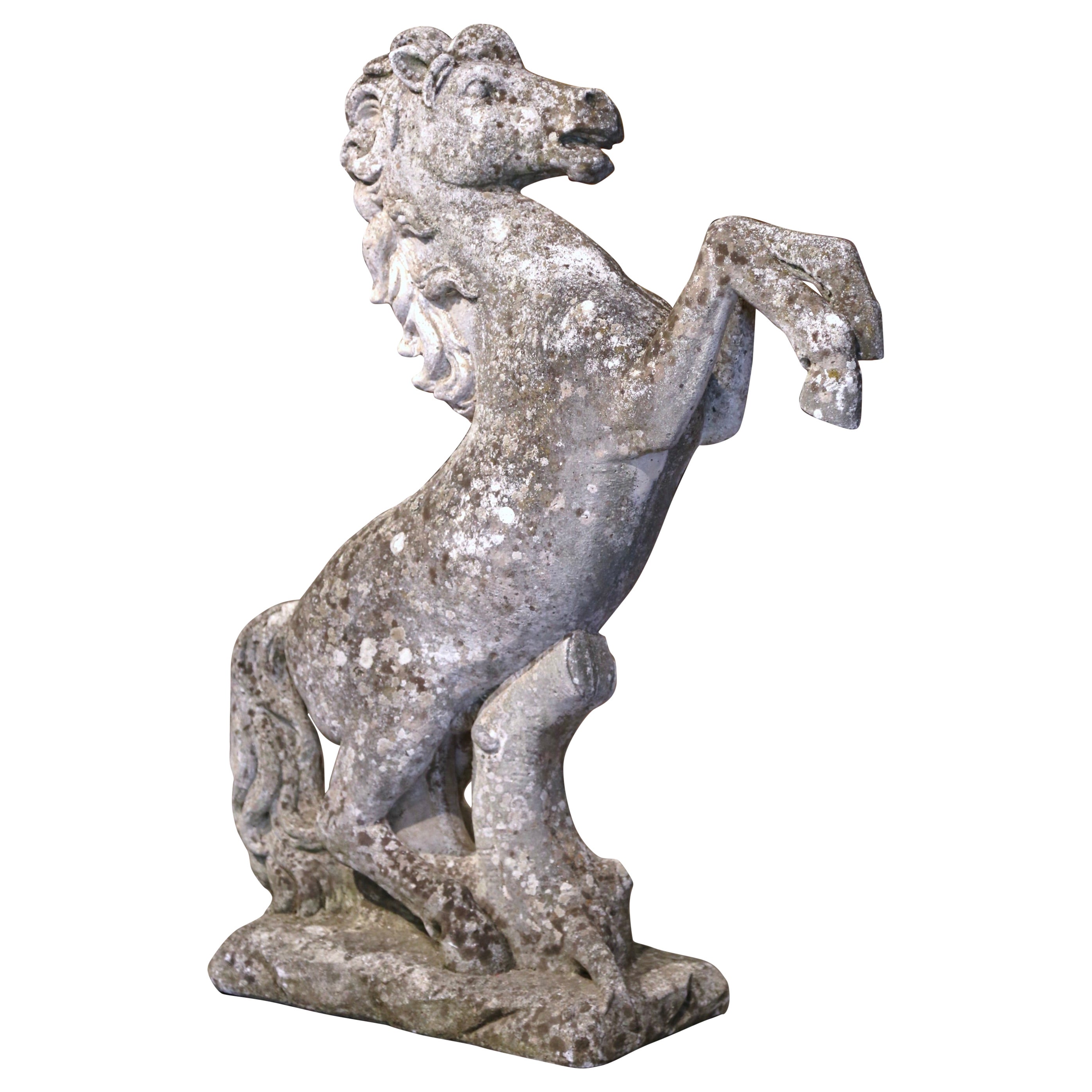 Early 20th Century French Weathered Carved Stone Horse Sculpture Garden Statuary