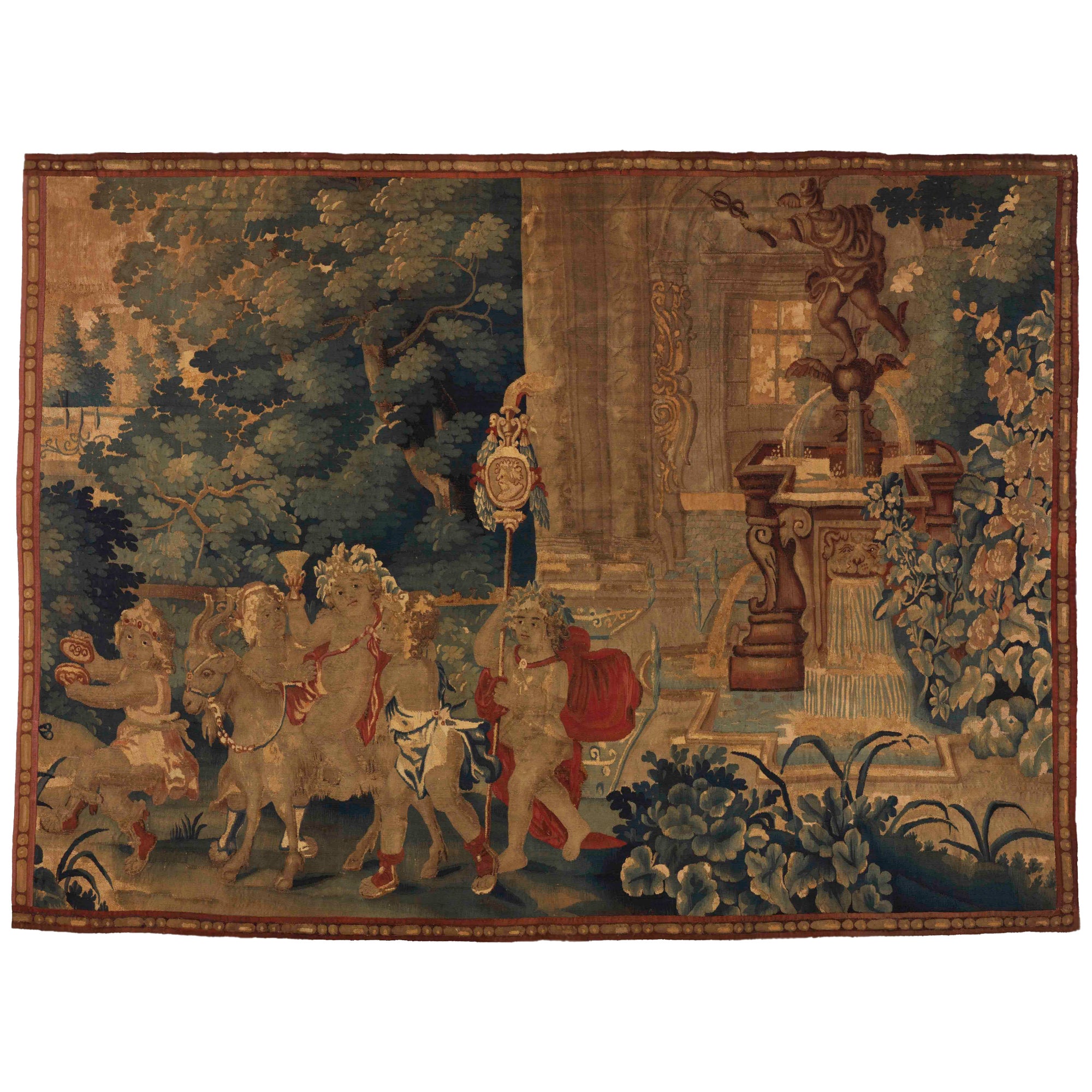 Antique 18th Century English Aubusson Garden Tapestry For Sale