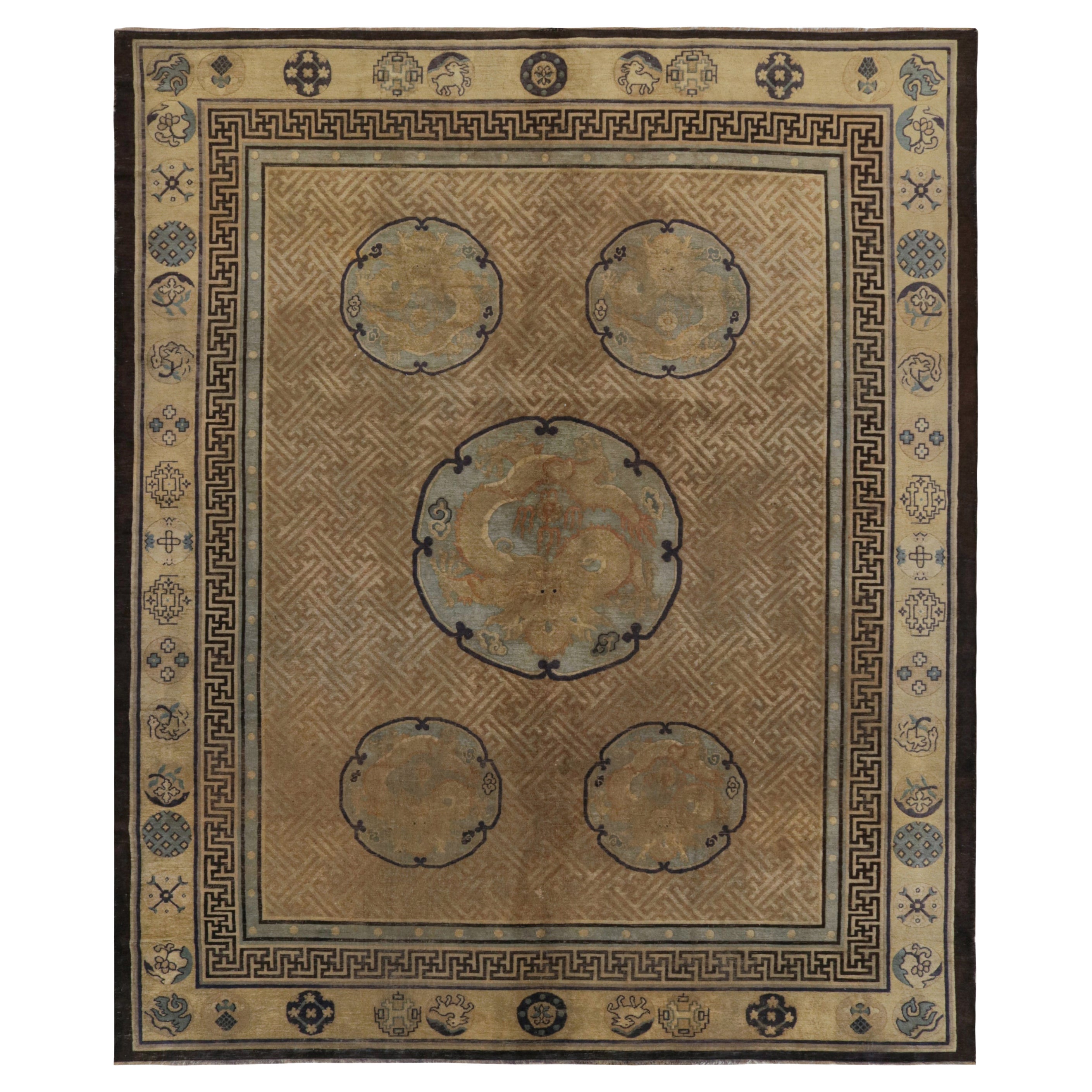 Antique Chinese Dragon Rug in Gold with Pictorial Medallions, from Rug & Kilim For Sale