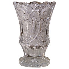 Retro Mid-Century French Cut Crystal Vase with Etched Geometric and Floral Motifs