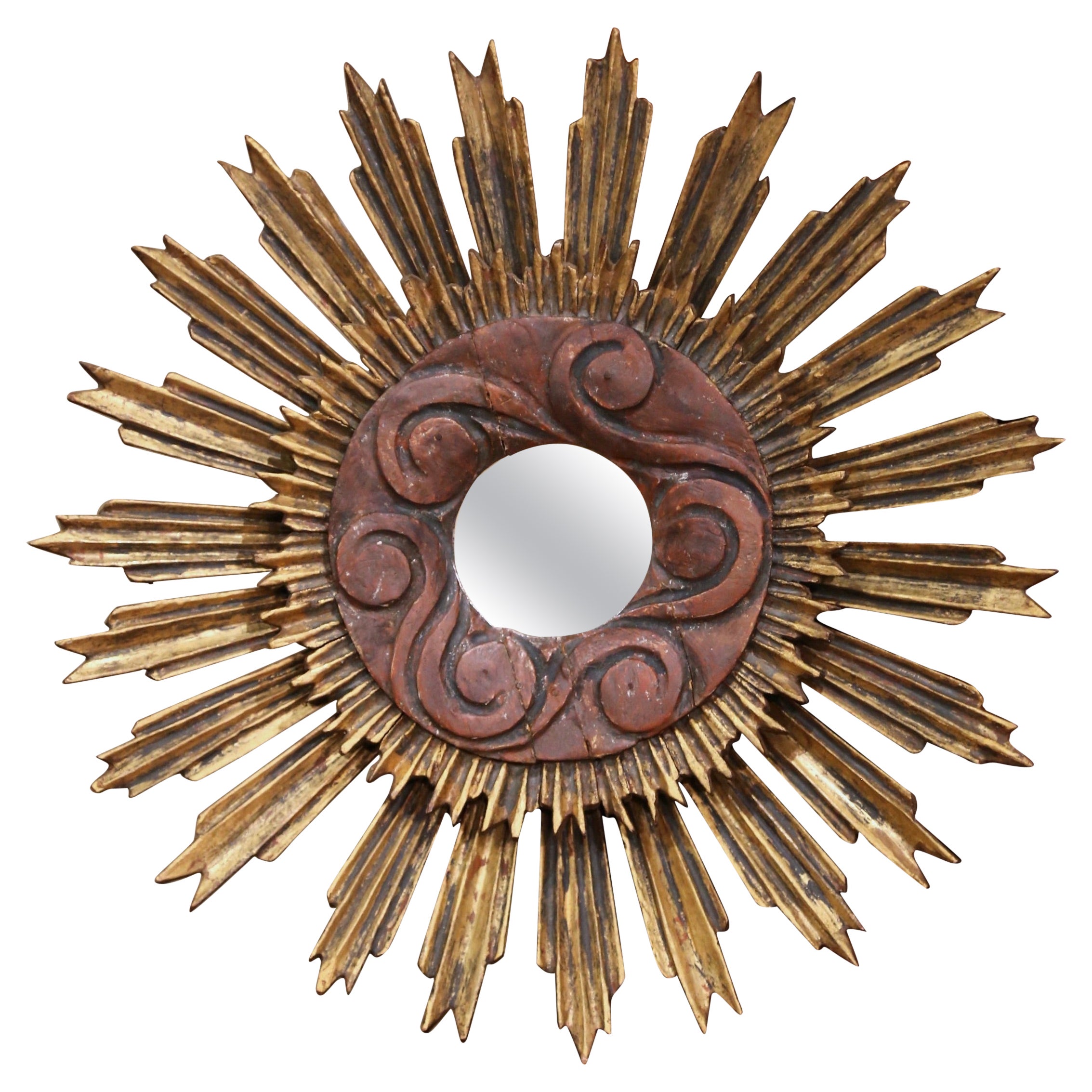 Early 20th Century Spanish Carved Giltwood and Painted Sunburst Mirror