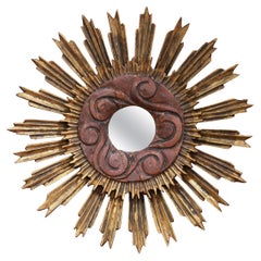 Antique Early 20th Century Spanish Carved Giltwood and Painted Sunburst Mirror