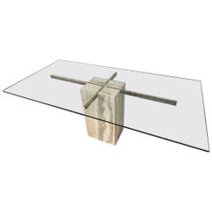 Travertine, Brass and Glass Dining Table by Artedi