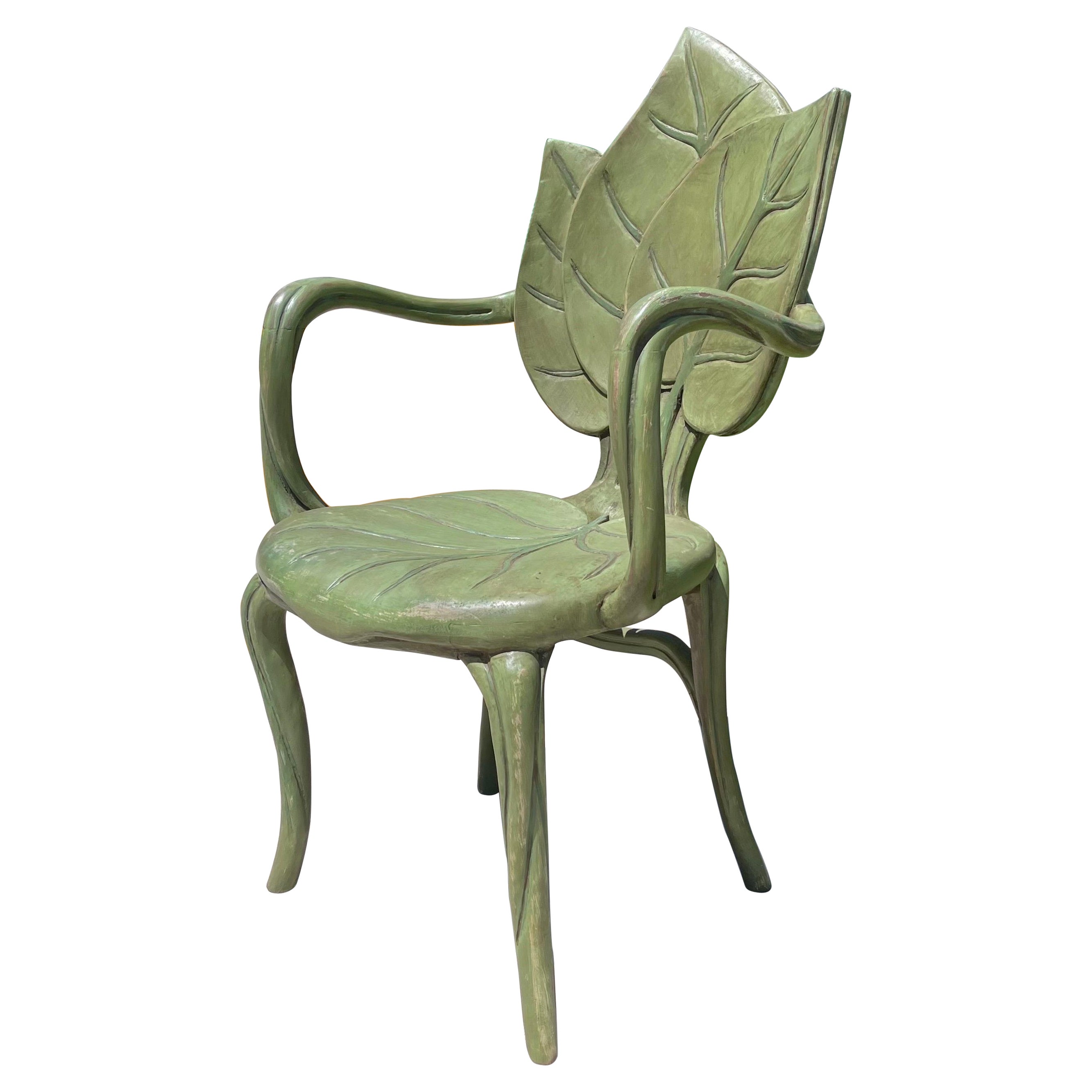 Bartolozzi e Maioli Hand Carved Wood Foliate Faux Bois Leaf Chair, 1970s For Sale