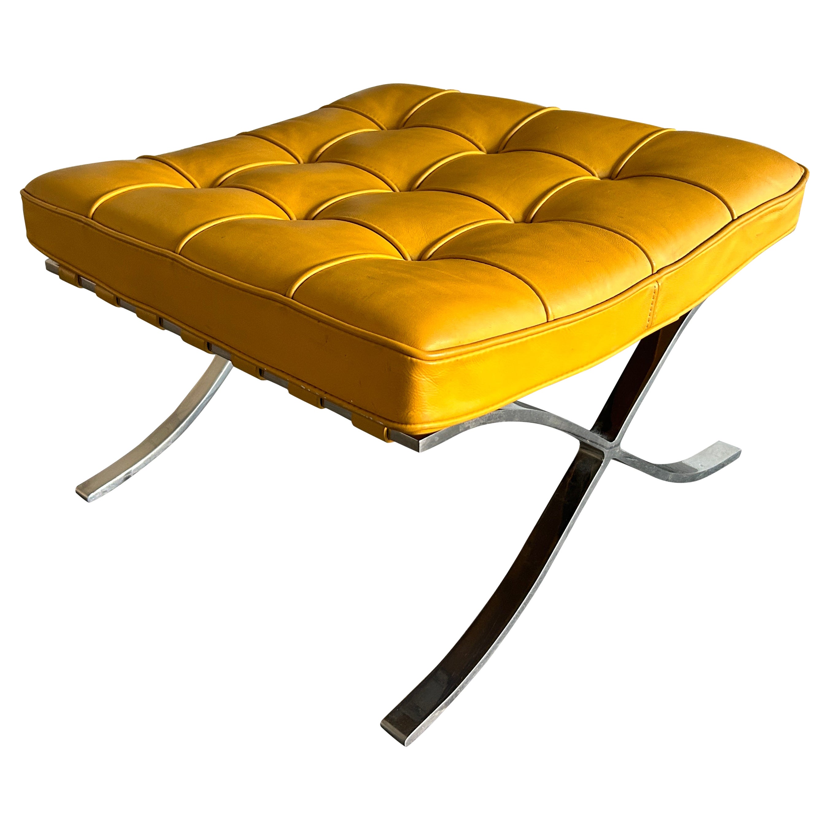 Midcentury Barcelona Ottoman Stool in bright yellow Leather for Knoll