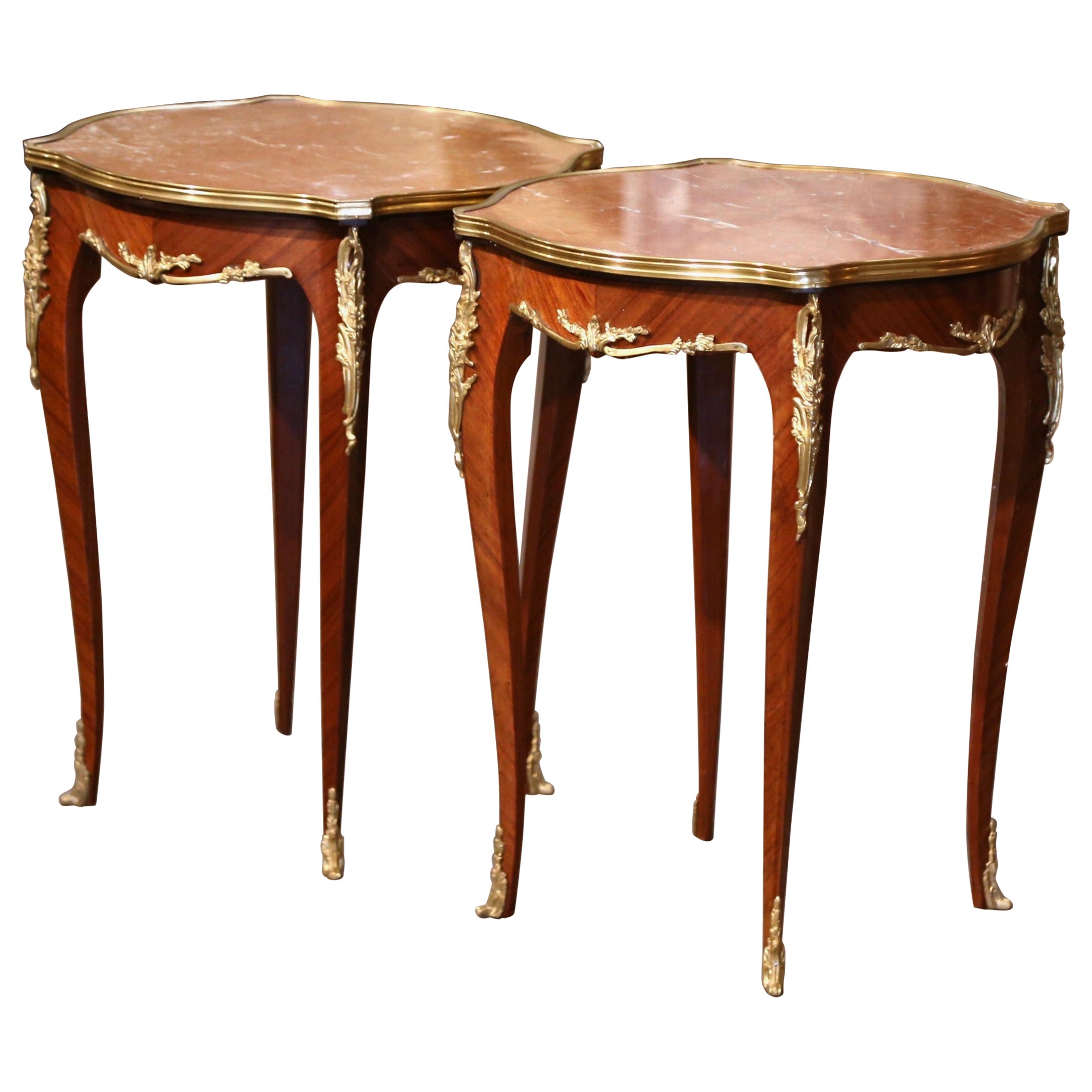 Pair of Mid-Century French Louis XV Red Marble Top Ormolu Mounted Side Tables For Sale