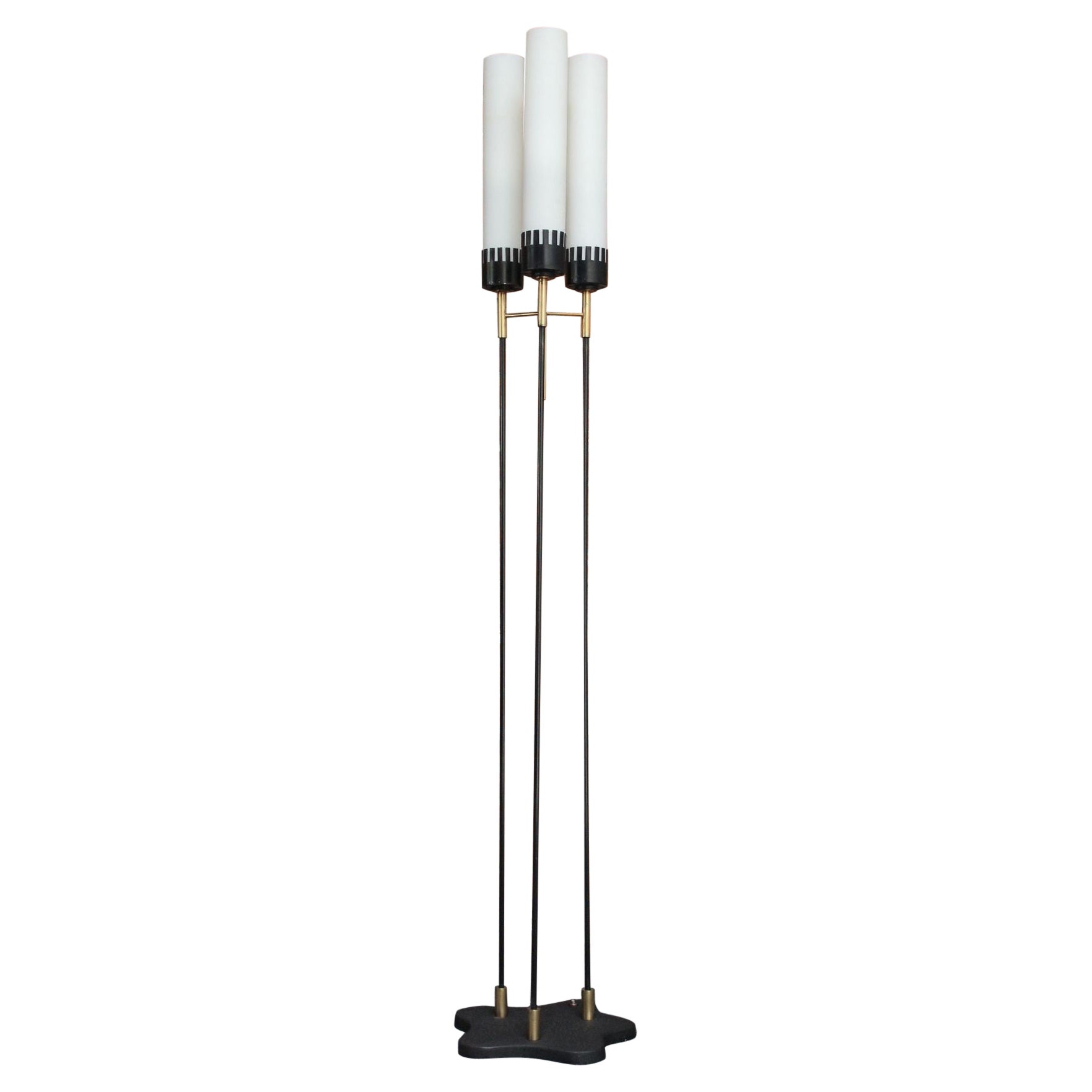 Italian Modernist Three-Fixture Glass, Brass and Metal Floor Lamp by Stilnovo