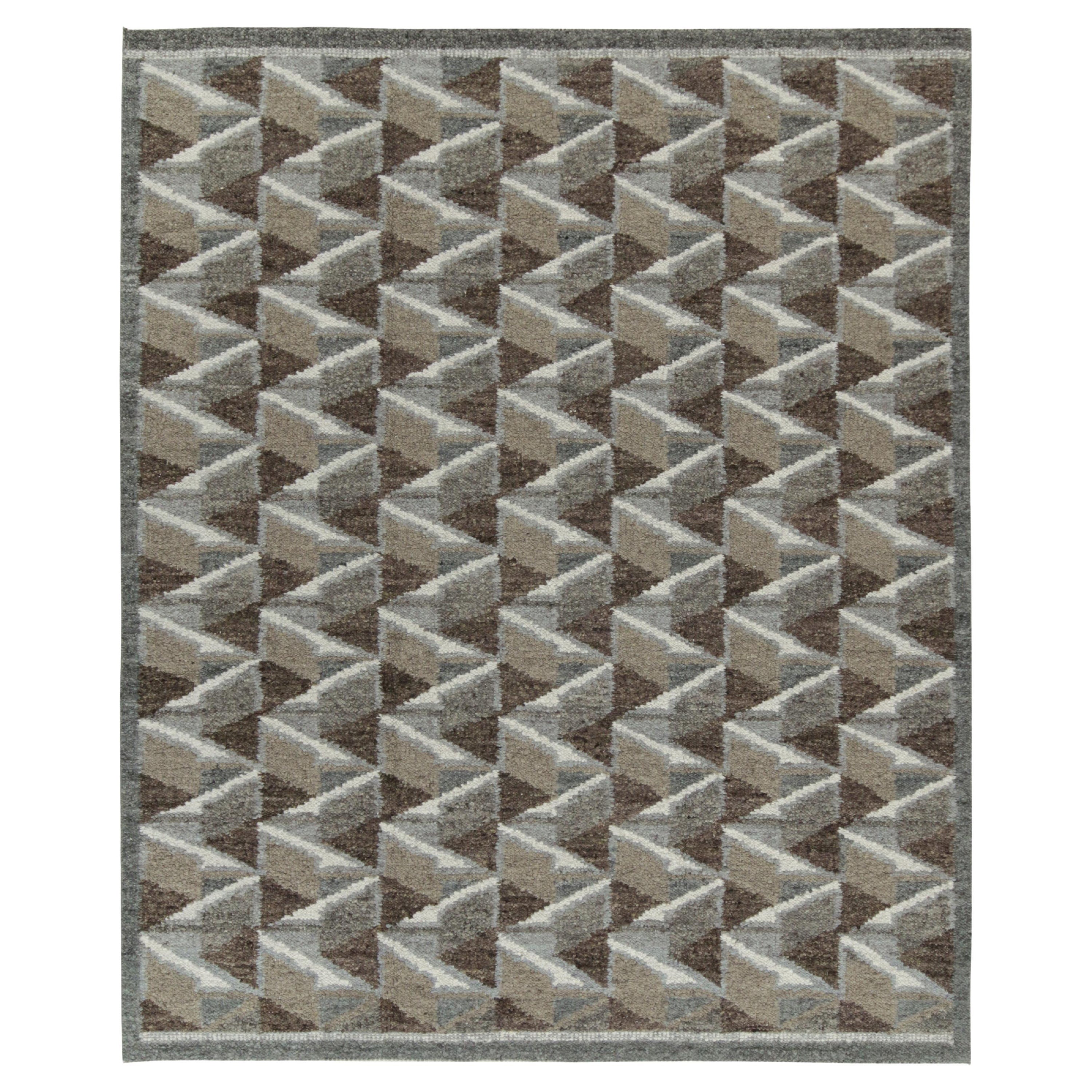 Rug & Kilim’s Scandinavian Style Kilim in Brown, White & Grey Geometric Patterns For Sale