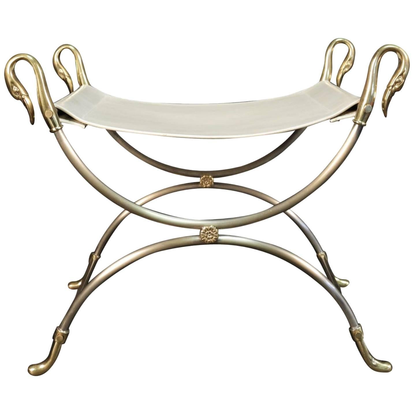 1970s Curule and Bronze Stool "Swans" Model by Maison Charles