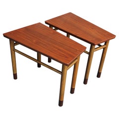 Retro Pair of Mid-Century Walnut, Leather and Mahogany Wedge End Tables by Dunbar