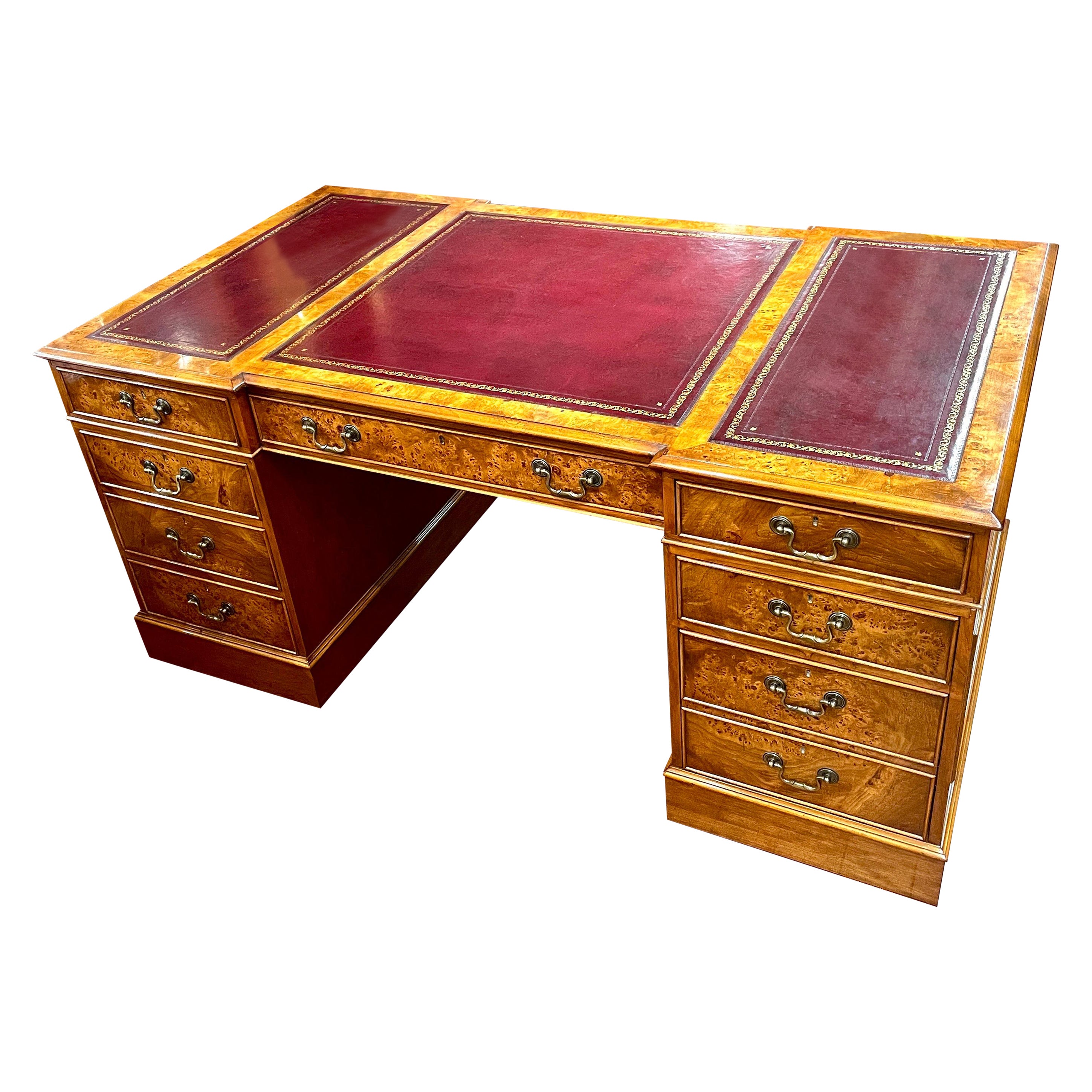 Fabulous English Bench Made Reprod. Burr Elm Leather Top Pedestal Partner's Desk For Sale