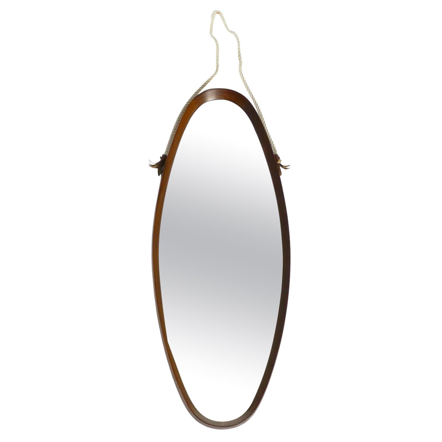 1960s oval large teak wall mirror with thick nylon rope  Made in Italy For Sale
