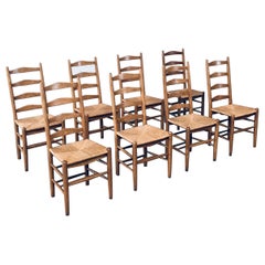 Rustic Handcrafted Oak & Rush Dining Chair Set of 8, Belgium 1950's