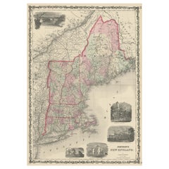 Large Antique Map of New England with decorative Vignettes