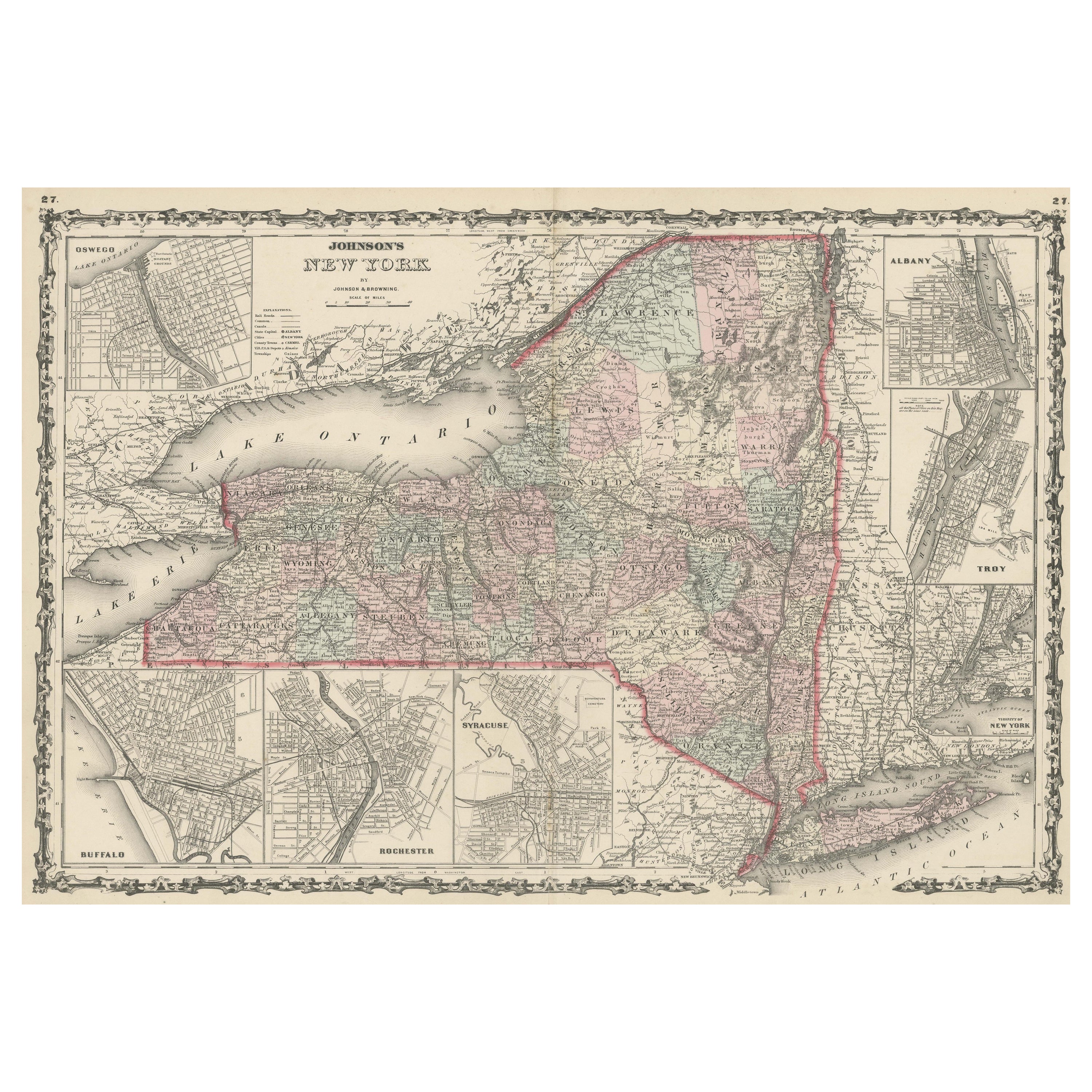 Large Antique Map of New York State with Inset Maps For Sale