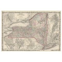 Große antike Karte des Bundesstaates New York mit eingelassenen Karten