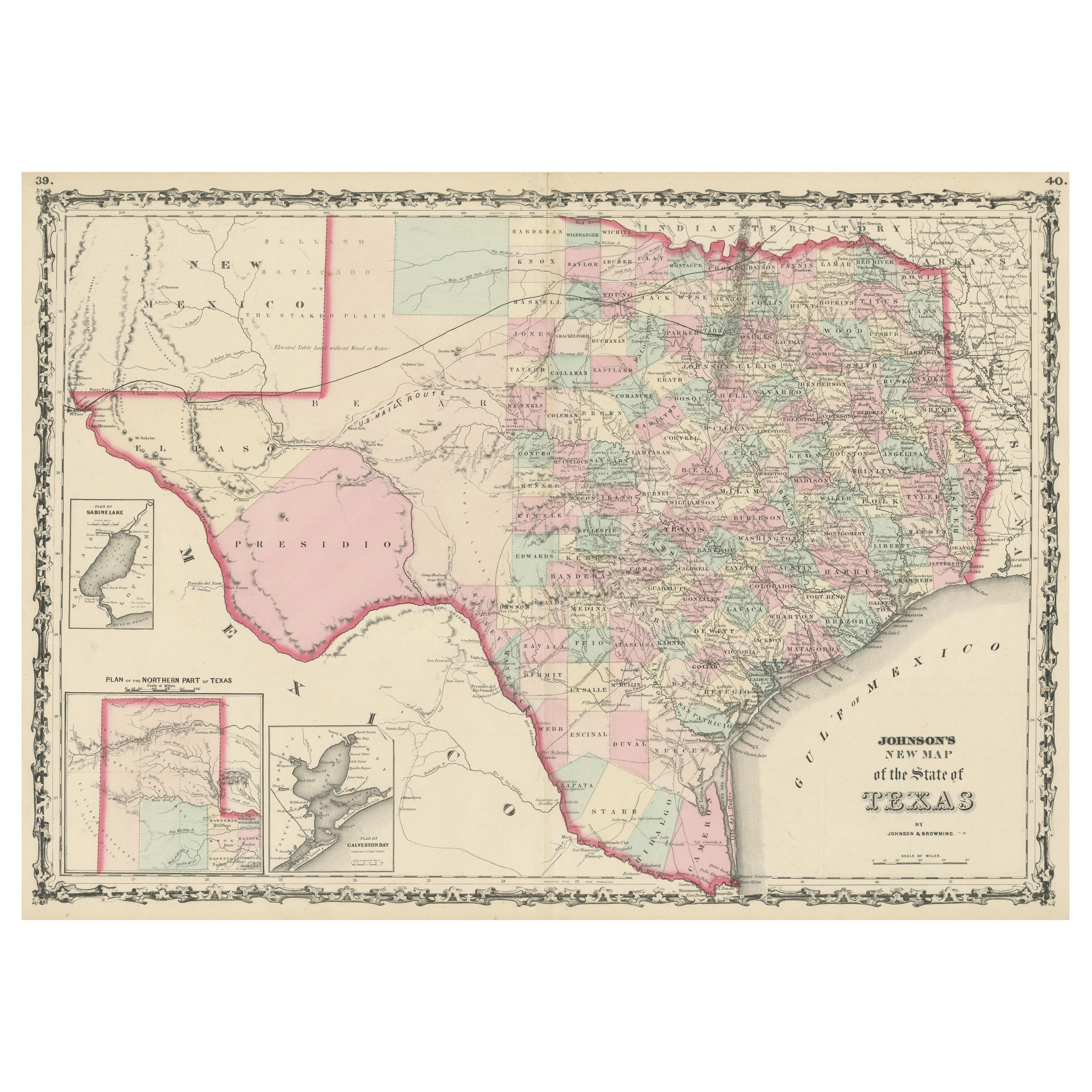 Große antike Karte des Bundesstaates Texas, 1861