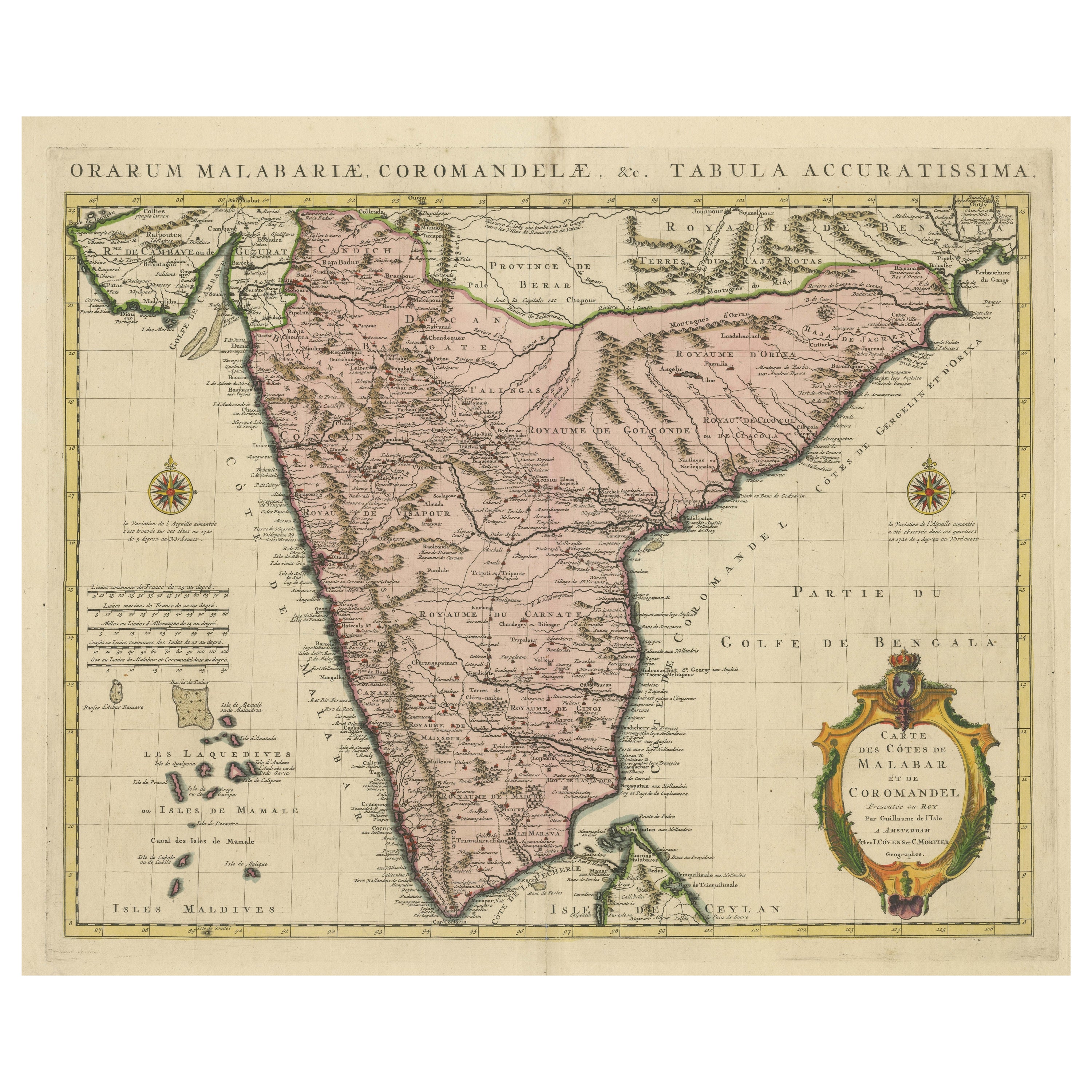 Carte ancienne colorée à la main de la partie sud de l'Inde en vente